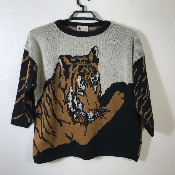 Vintage Turtle Bay Sweater Womens XL All Over Tiger Print Long Sleeve Acrylic - Picture 10 of 14